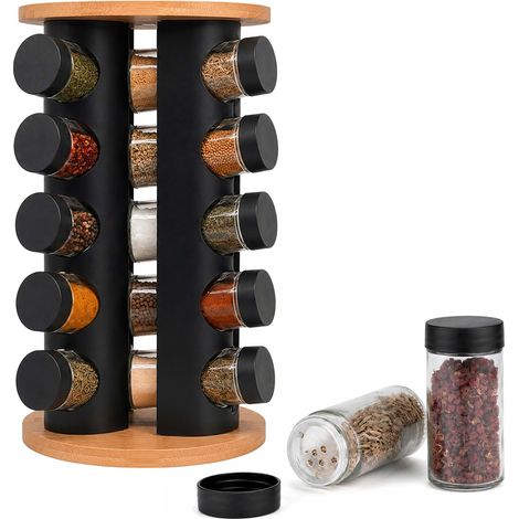 Relaxdays Spice Carousel, 20 jars, 360° rotating stand, H: 33x19.5 cm, bamboo & stainless steel, natural/black (1/5)