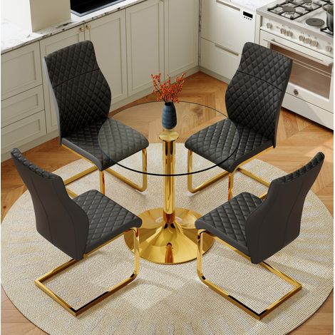 Runder Esstisch mit 4 Stühlen, gehärtetes Glas, 85 cm, Schwarz und Gold (1/5)