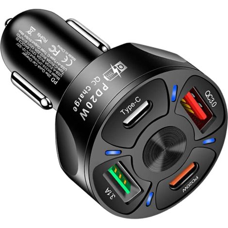 Compatibile con iPhone 14, 13, 12 Pro Max/Tutti gli smartphone - Adattatore per caricabatteria da auto, caricabatteria da auto veloce USB a 4 porte QC3.0/PD20W/Type-c/2.1A, caricabatteria da auto inte