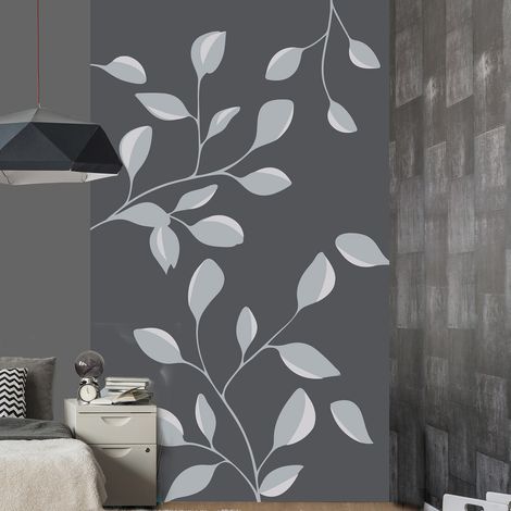Papier peint intissé gris foncé, motif fleurs japonaises gris et blanc, 250 cm X 150 cm - Décoration murale intérieure (1/2)