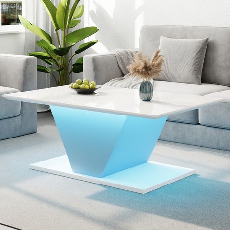 1005046cm Couchtisch Sonderform, Kaffeetish mit LED-Leuchten, hochglänzende Wohnzimmertisch, Sofatisch,Beistelltisch,geeignet für kleine Räum,Weiß,V-Form (1/5)