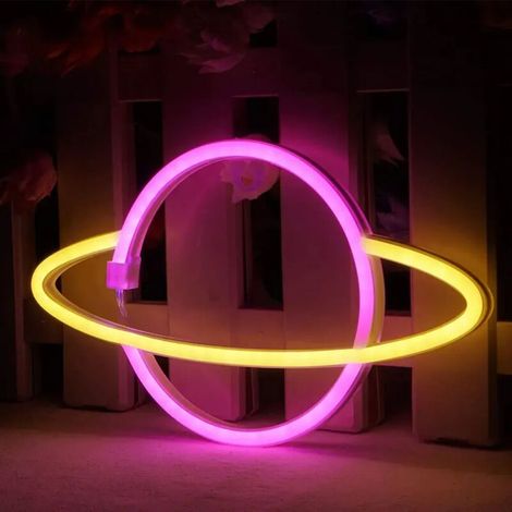 Enseigne lumineuse LED néon décorative, veilleuse pour la maison, décoration murale, fonctionne sur piles, motif planète rose et jaune (1/5)