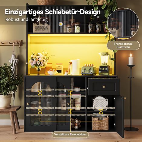 Buffet haut de cuisine avec éclairage LED, armoire vitrée noir, étagères ajustables, meuble vaisselier pour salle à manger, rangement polyvalent. (1/5)