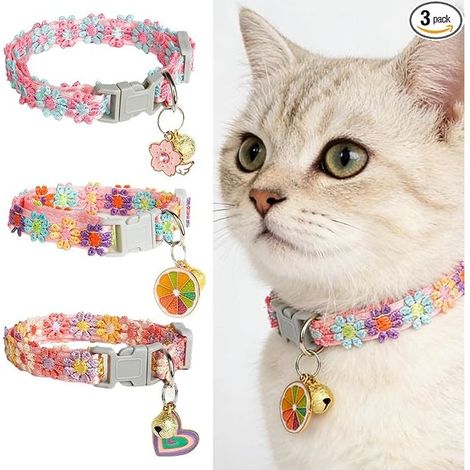 Floral Embroidered Cat Collars with Bells and Heart Flower, Orange Pendant, Adjustable Cat Collar with Removable Safety Buckle 19-31cm (7.5-12.2") (1/5)