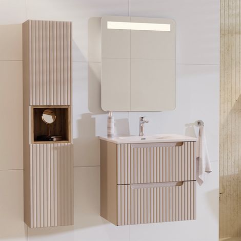 Petits-Meubles – Ensemble de meubles de salle de bain 60cm – Vasque encastrée en céramique – 2 tiroirs – Colonne Cachemire et bois – Norme EN 14688 (1/5)