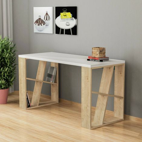 Dmora - Schreibtisch Keid, Mehrzweckschreibtisch, Bürotisch für PC, Eckschreibtisch, 140x60h75 cm, Weiß und Eiche, mit verstärkter Verpackung (1/3)