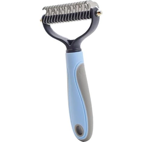 Pettine a doppia estremità per sottopelo di cani e gatti - Pettine districante largo - Cura efficace per il pelo degli animali a pelo lungo - Impugnatura ergonomica (blu) (1/5)