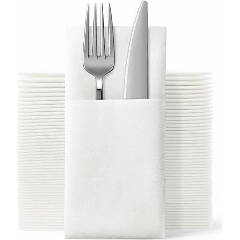 Lot de 50 serviettes jetables en tissu - Poche intégrée pour couverts - Serviettes blanches au toucher lin - Pour fête de mariage (1/3)