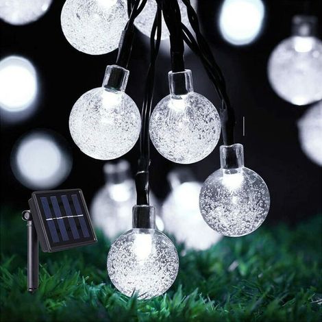 Guirlande lumineuse solaire d'extérieur, 12 m, 100 LED, boules de cristal, étanche, 8 modes d'éclairage, blanche, idéale pour mariages et fêtes.-AquaForge (1/5)