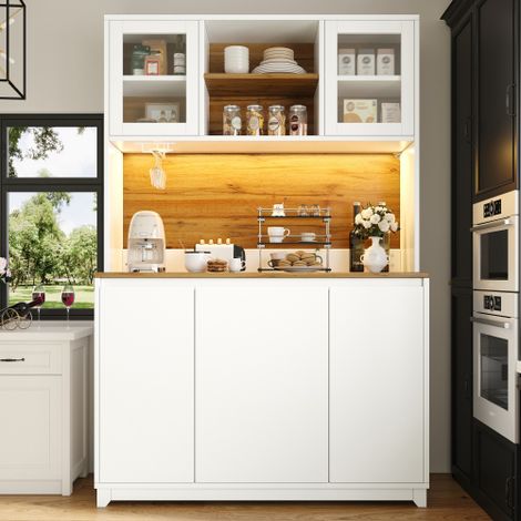Meubles de cuisine (120 × 40 × 180 cm), tables hautes d'appoint, buffets, meubles de cuisine avec portes en acrylique et éclairage LED, Grâce à ses multiples compartiments, il est facile à ranger，Blan