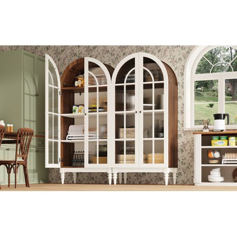 Vaisselier vitré 76x38,5x165 cm en MDF blanc et noyer, 3 niveaux pour salle à manger – MEUBLIV (1/5)