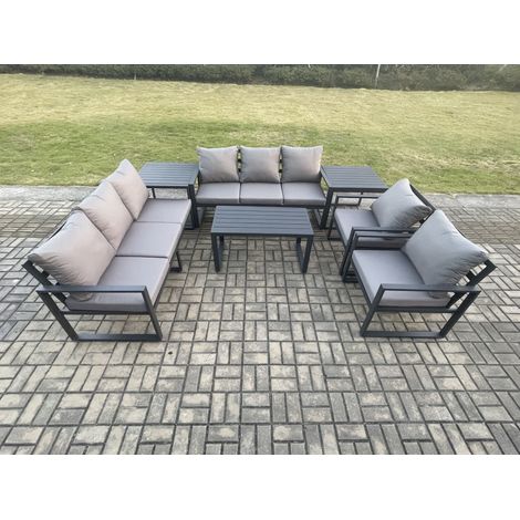 Fimous Aluminium 7 Pieces Garden Furniture Set with Cushions 8 Seater Outdoor Patio Lounge Sofa Set with 2 Armchairs 2 Side Tables Dark Grey (1/5)
