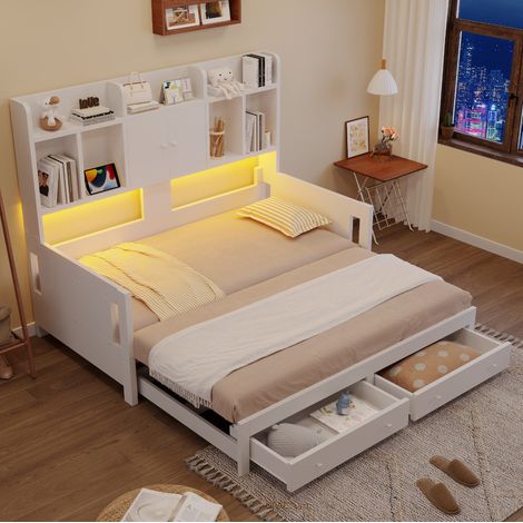 Sofá cama extensible 90x190 cm blanco de madera con cajones, estantes, enchufes y LED (1/5)