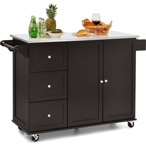 Costway – Desserte de cuisine sur roulettes – Îlot central en acier inoxydable – 3 tiroirs – Armoire à 2 portes – Étagères réglables – Porte-serviettes et support à épices