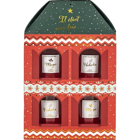 Lot de 4 Bougies - HOME DECO FACTORY - Maison Noel Tradi - Parfumées - Festives - Rouge et Vert (1/4)