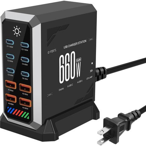 660-W-Ladestation – 10-Port-Schnellladegerät mit 6 USB-C-Anschlüssen + 4 USB-A-Anschlüssen, Multi-USB-Ladegerät kompatibel mit MacBook, iPad, iPhone 16/15/14-Serie, Galaxy S22/S20, Dell, HP (Schwarz, (1/5)