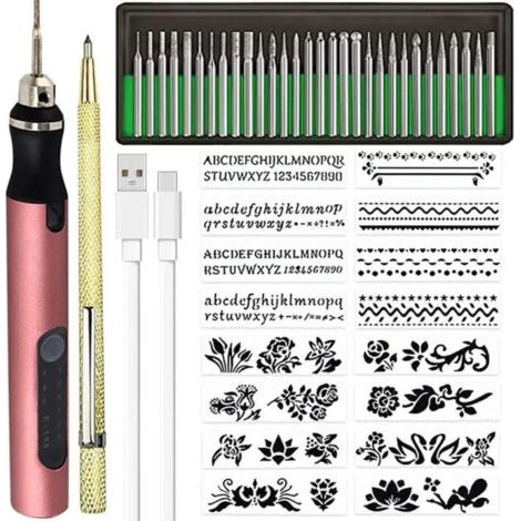 Kit de gravure DIY sans fil et rechargeable avec stylo micro-graveur pour métal, verre, et plastique, comprenant 30 embouts, et 1 stylo traceur, rose (1/5)