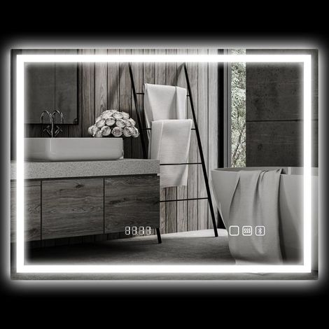 Miroir de salle de bain lumineux 80x60 cm, miroir mural LED avec fonction musique Bluetooth, fonction mémoire, horloge, 3 couleurs d'éclairage, antibuée et interrupteur tactile, argent