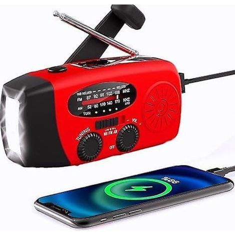 Radio portable FM/AM d'urgence avec alimentation solaire, alarme SOS, lampe torche LED, batterie externe 2000 mAh et chargeur USB-C pour téléphones portables (1/5)