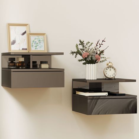Set de 2 tables de chevet modernes suspendues avec tiroir et etagere 35x32x22,5 cm Noir brillant