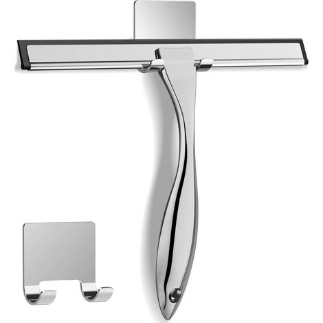 Outils de nettoyage de salle de bains, essuie-glace de miroir de porte en verre de maison 14 pouces argent Plus deux crochets carrés (1/5)