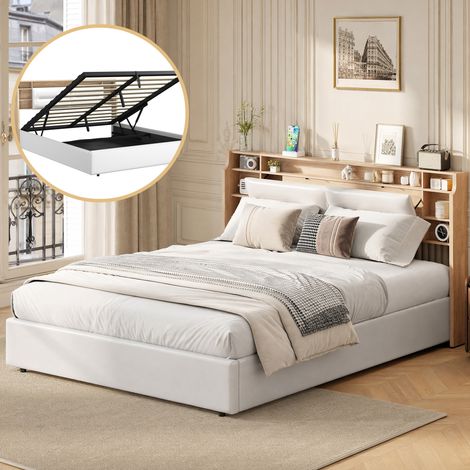 Lit coffre 160x200 cm avec LED,lit double adulte en PU blanc,hydraulique,tête de lit avec rangement,sommier à lattes (1/5)
