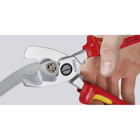 KNIPEX 95 16 200 Cesoia per cavi con doppio tagliente isolati con manici rivestiti in materiale bicomponente, collaudati VDE cromata 200 mm