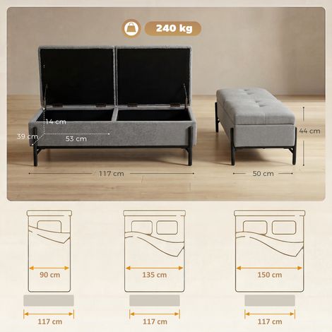 Sitztruhe aus Leinen, Bettbank mit 2 Fächern, klappbaren Deckeln und extra dicker Polsterung, 117 x 50 x 44 cm (1/5)