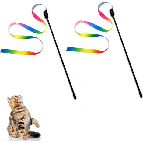 Lot de 2 baguettes interactives pour chat, ruban en tissu coloré arc-en-ciel, jouet à mâcher pour chaton, outil d'entraînement et accessoires pour chat (1/5)