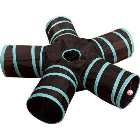 Tunnel de jeu pour chiens et chats, 5 sorties, motif rayé, dimensions 30 x 30 x 2 cm, couleur noir et bleu, accessoire amusant pour animaux.