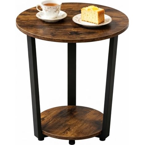 ELVMI Table Basse Ronde avec 2 Étagères Ouvertes, Cadre Métallique, pour Salon, Bois et Métal, 50 x 53 cm, Marron (1/5)