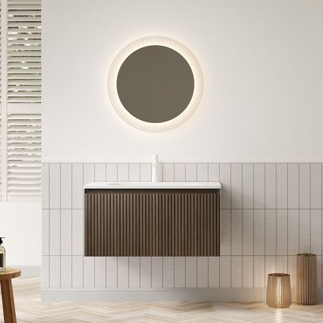 Mueble de baño suspendido 80 cm con lavabo de resina blanco y cajón, roble marrón, montado (1/5)