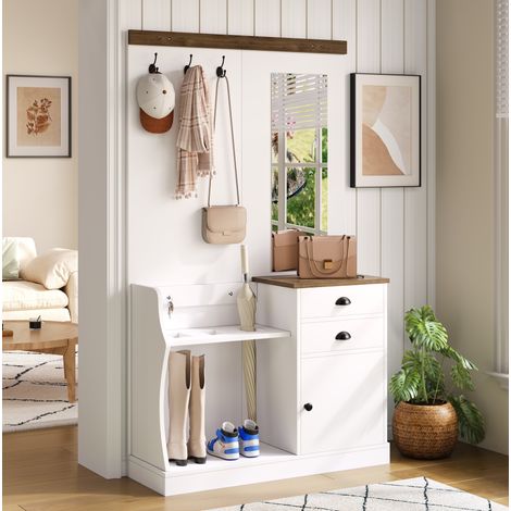Mueble de entrada con espejo, ganchos, cajones y paragüero 110,5 x 38 x 191 cm blanco DESVIAE (1/5)