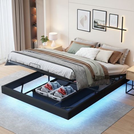 Cama con canapé abatible 160x200 cm - Somier de lamas incluido - Tapizado en cuero sintético PU negro - LED multicolor - 1 compartimento de almacenamiento - Sistema de elevación con pistones de gas (1/5)