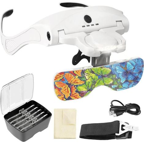 KLVGTIFS PU - Lampe Loupe Grossissante comme Diamond Painting Accessoires avec 4LED et Réglage à 2Niveaux,Lampe Frontale pour Lecture Peinture (1/5)