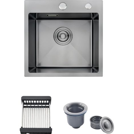 38 x 38 cm Evier Cuisine Inox 1 Bac avec Panier Télescopique, Noir (1/5)
