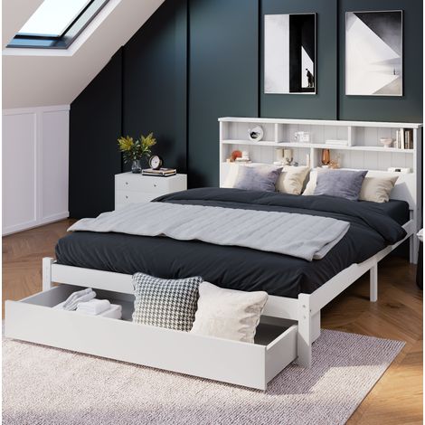 CHICFURN Letto matrimoniale 140x200 cm bianco in legno con contenitore, rete a doghe (1/5)