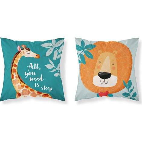 Taie d'oreiller bébé 40x40 cm, motif girafe et lion, en coton (1/2)