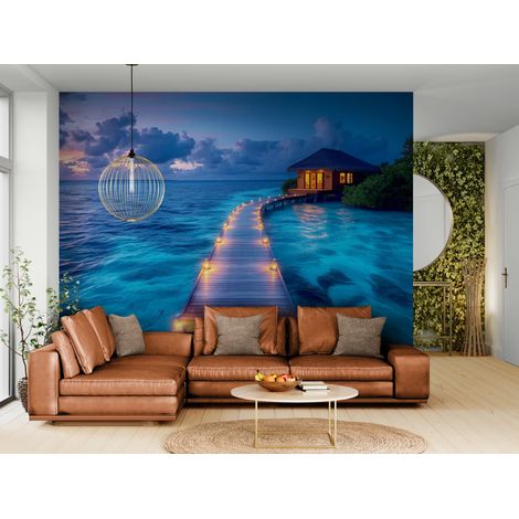 Papier peint exotique – Bungalow océan turquoise coucher soleil - 400 x 260 cm (1/2)