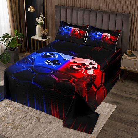 Console de Jeux Dessus de Lit 260x240,Jeux Couvre-Lit Cool Jeux Vidéo Noir Couverture de Lit Bleu Rouge Géométrique Nid d'abeille Literie pour Quatre Saisons Poignée de Jeu Décor de La Maison Literie  (1/5)