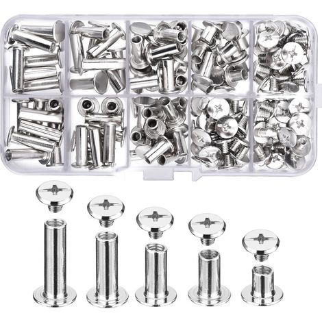80 Ensemble Chicago Vis Assortiment Kit 5 Tailles Vis à Tête Croix Ronde en Métal Post Chicago Vis Bouton pour DIY Reliure de Décoration en Cuir (1/5)
