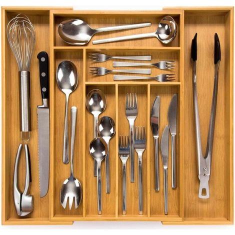Range-couverts 43 (profondeur 43 cm) en bambou – Système de rangement de tiroirs pour la cuisine – Range-couverts pour tiroirs en bambou – Extensible – Organiseur de cuisine (1/5)