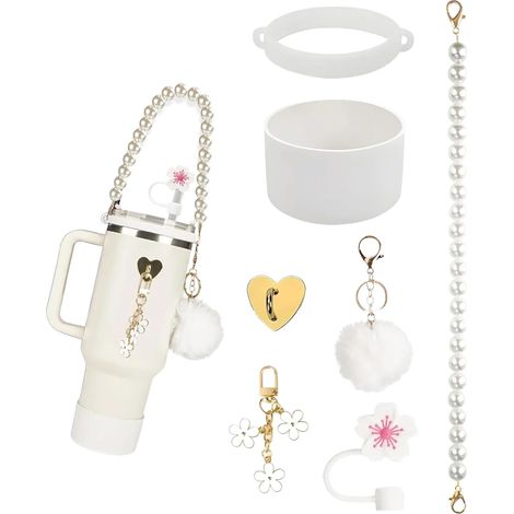 Manchon en silicone pour bouteille d'eau - Bouchon de paille - Accessoire de tasse - Protection - Perles suspendues - Chaîne de poignée de bouteille d'eau (1/4)