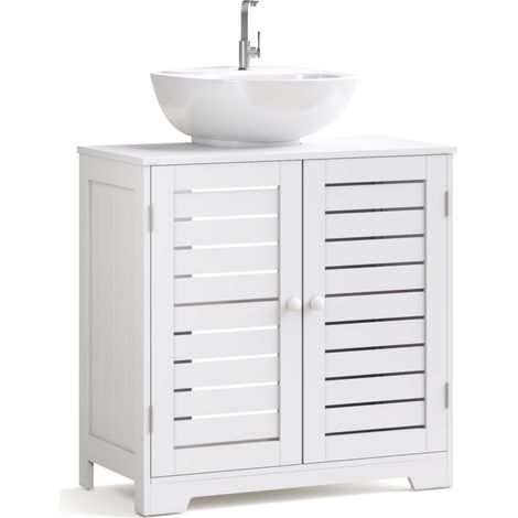 Under Sink Cabinet with 2 Louvered Doors and 2 Shelves, Wooden Freestanding Bathroom Storage Unit 59 x 30 x 60.5cm, White, Mondeer (1/5)