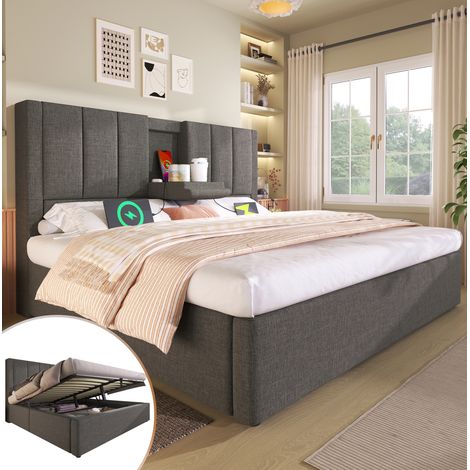 Lit coffre en lin gris 140x190 cm avec station de charge USB/Type-C, porte-gobelets intégrés et rangement (1/5)