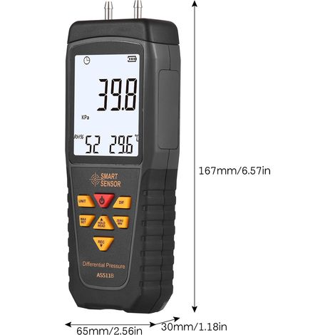 Manomètre différentiel numérique SMART SENSOR AS511 -39,9839,98 kPa, testeur de gaz et d'air à double port avec écran LCD rétroéclairé. Mesure la température et l'humidité. Mémoire de 12 unités. (1/5)