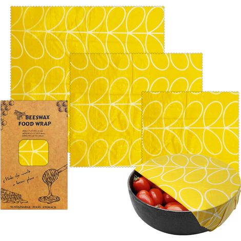 Lot de 3 torchons alimentaires en cire d'abeille avec élégant motif de lignes géométriques jaunes en trois tailles S/M/L, emballage réutilisable sans plastique pour pain, fruits et plats de cuisine (1/5)