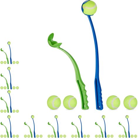 Relaxdays Ball Thrower, for Dogs, Set of 20 Launching Devices, Incl. 50 Balls, Pet Toys for Outdoor & Park, Blue/Green