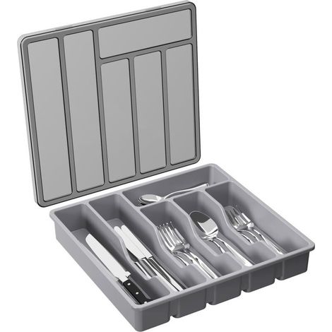 Boîte de rangement pour couverts avec couvercle, plateau à couverts, pour tiroir et plan de travail, 6 compartiments, grise (1/4)