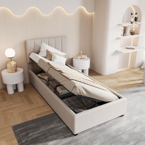 Lit simple 90x200cm - Lit Enfant Rembourré avec Sommier à Lattes et Rangement Hydraulique - Lin - Beige